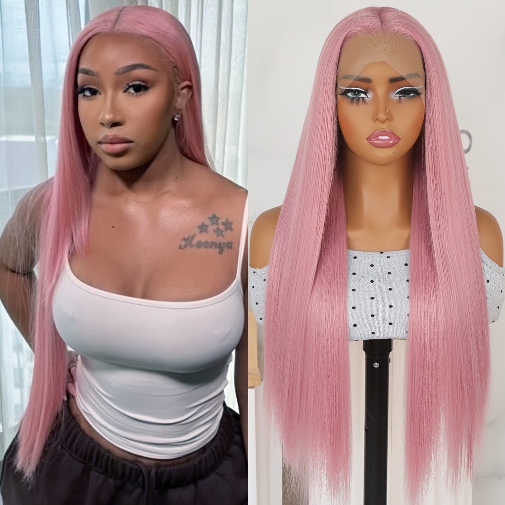 Pink Lace Front Wig Long Silky Straight Hair Glueless HD Lace Replacement Wigs