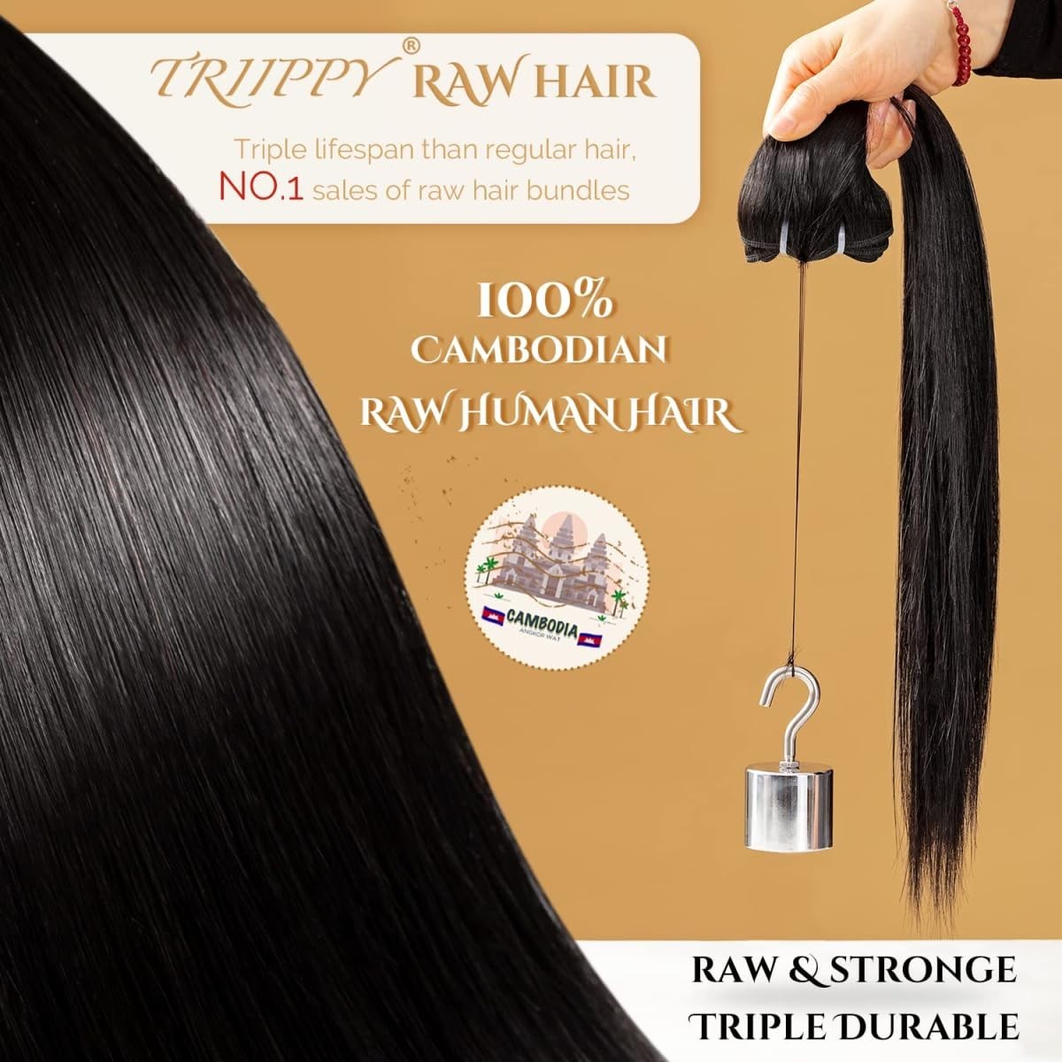TRIIPPY Raw Human Hair Single Bundle Triple Lifespan 16 Inch 100% Raw Cambodian