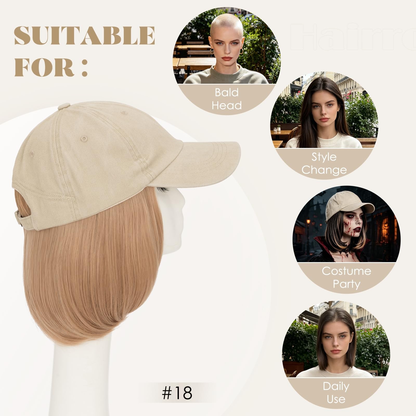 Hairro Hat Wigs For Women Baseball Hat Hair Attached Beige Cap Dark Blonde Hair