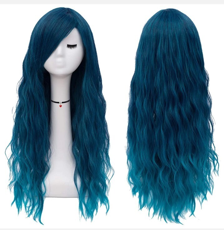 Mildiso 26″ Long Blue Wigs for Women Fluffy Curly Wavy Cosplay Costume Wig Bangs