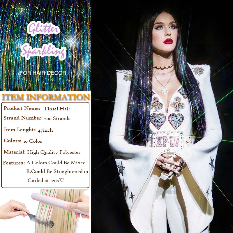 47In Hair Tinsel 4400Strands 12 Colors Sparkling Holographic Extensions Glitter