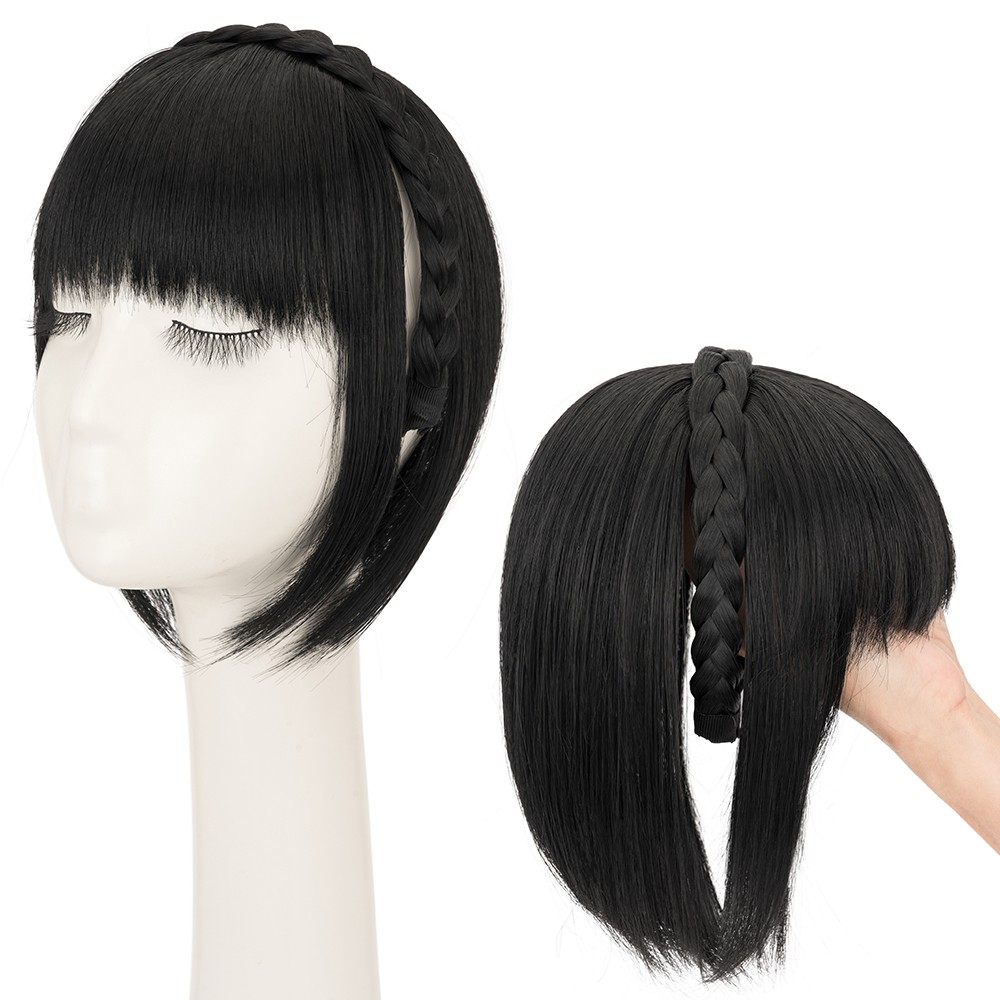 US Neat Bangs Fringe With Braided Headband Hair Extensions Thick Front Hairpiece