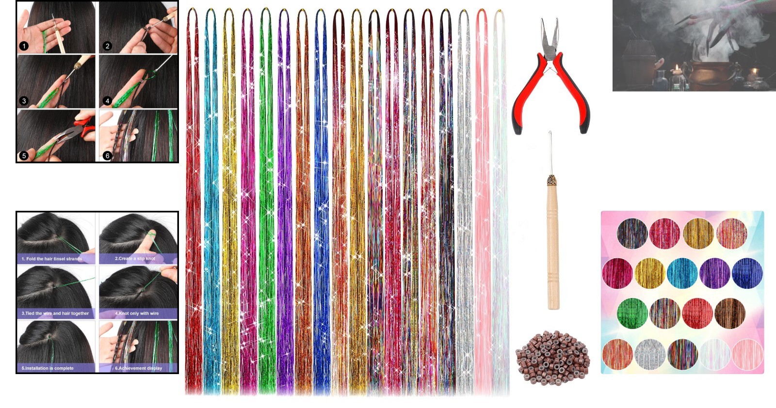 Glamorous 47” Tinsel Hair Extensions Kit – 18 Sparkling Colors & Tools Included
