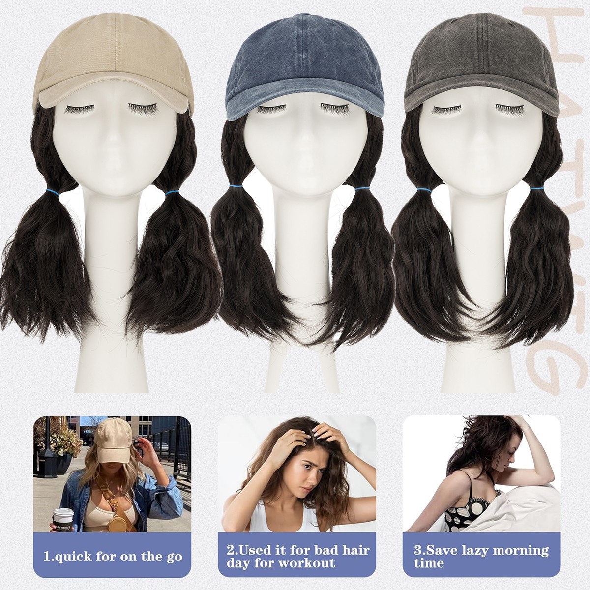 Baseball Cap Hat Hair Wig with 8″ Synthetic Wavy Curly Hair Adjustable Cap Wig