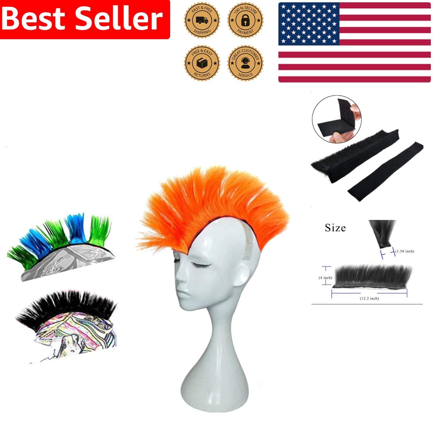 Motorcycle Helmet Mohawk Wigs Orange Synthetic Stick On Reusable Fastener Design