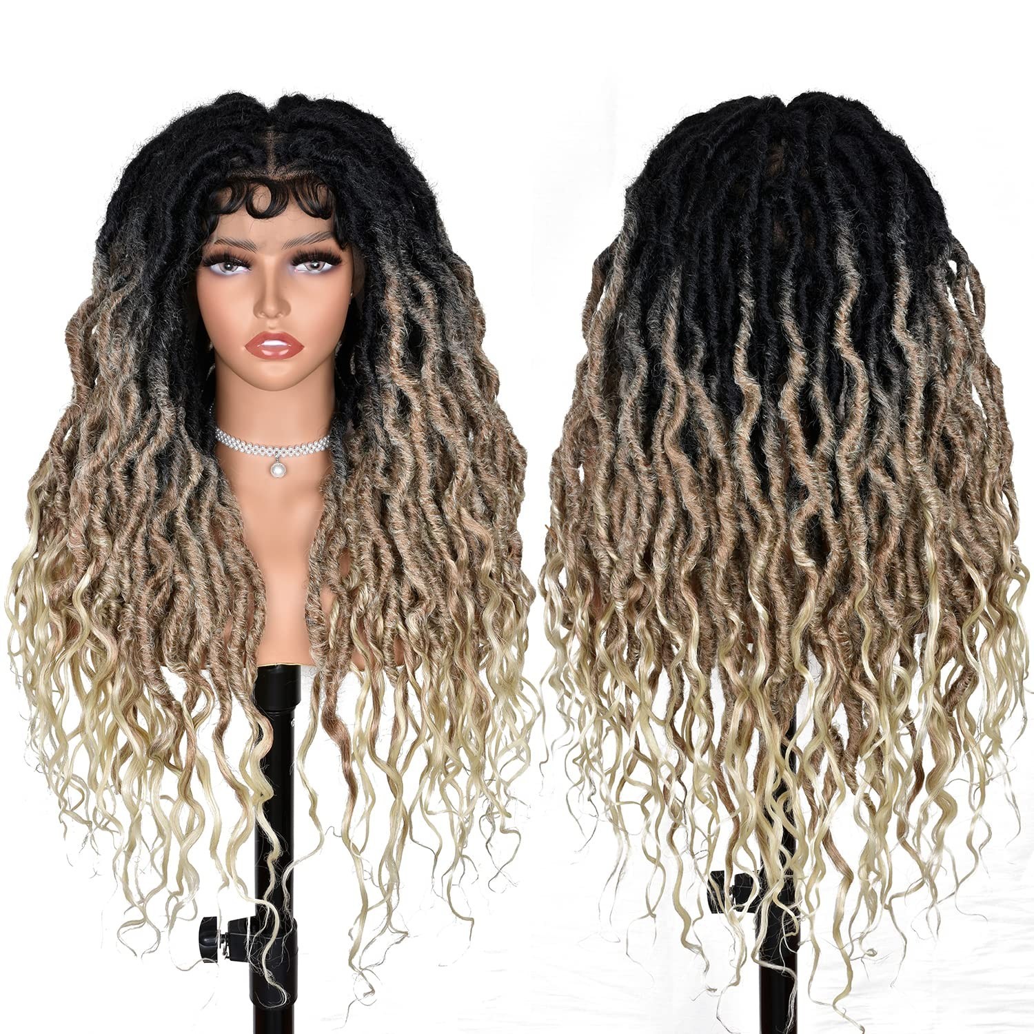 Black Blonde Curly Faux Locs Wig Lace Front Goddess Braids Baby Hair