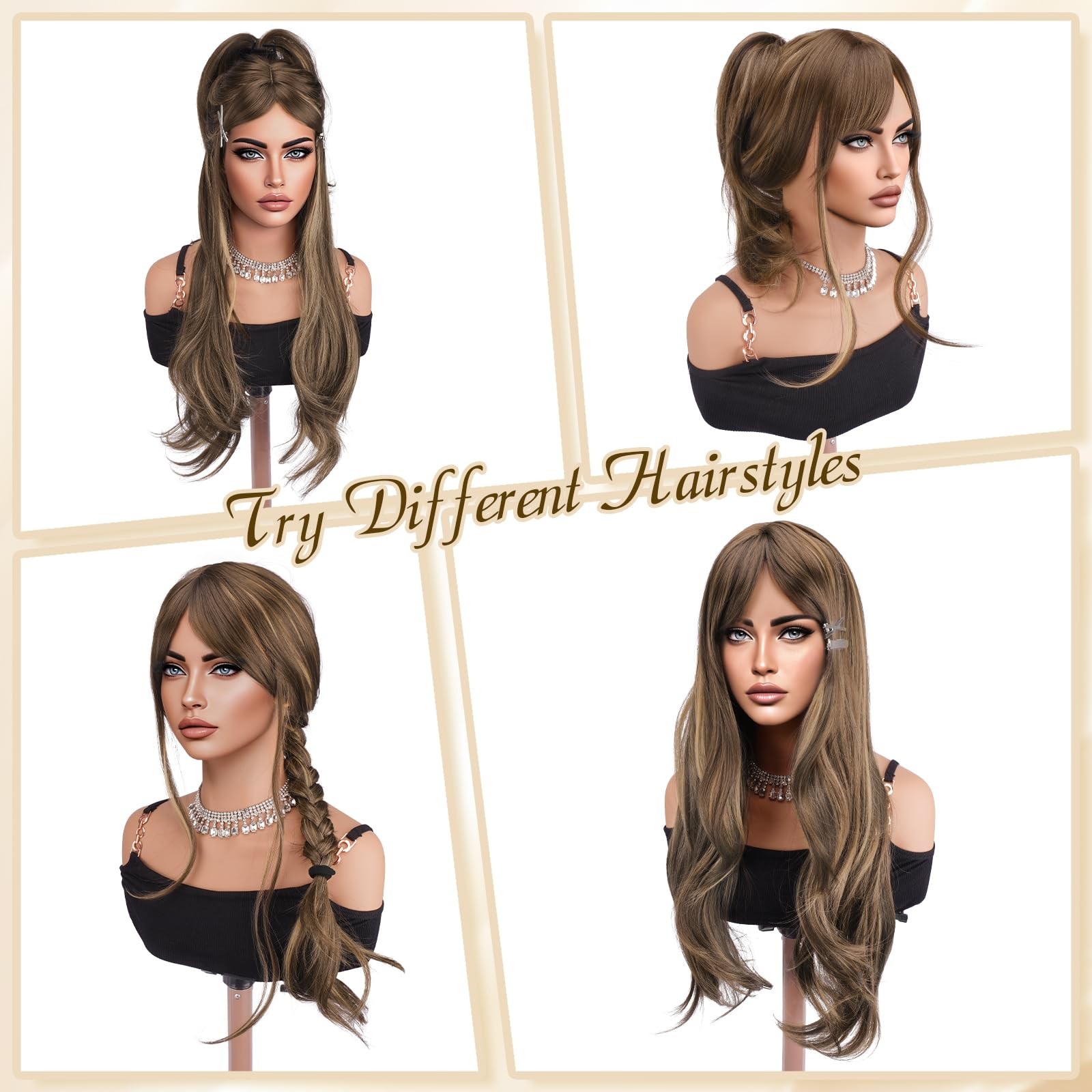 Blonde Brown Wigs with Bangs – Long Layered Natural Looking Synthetic Heat Re…