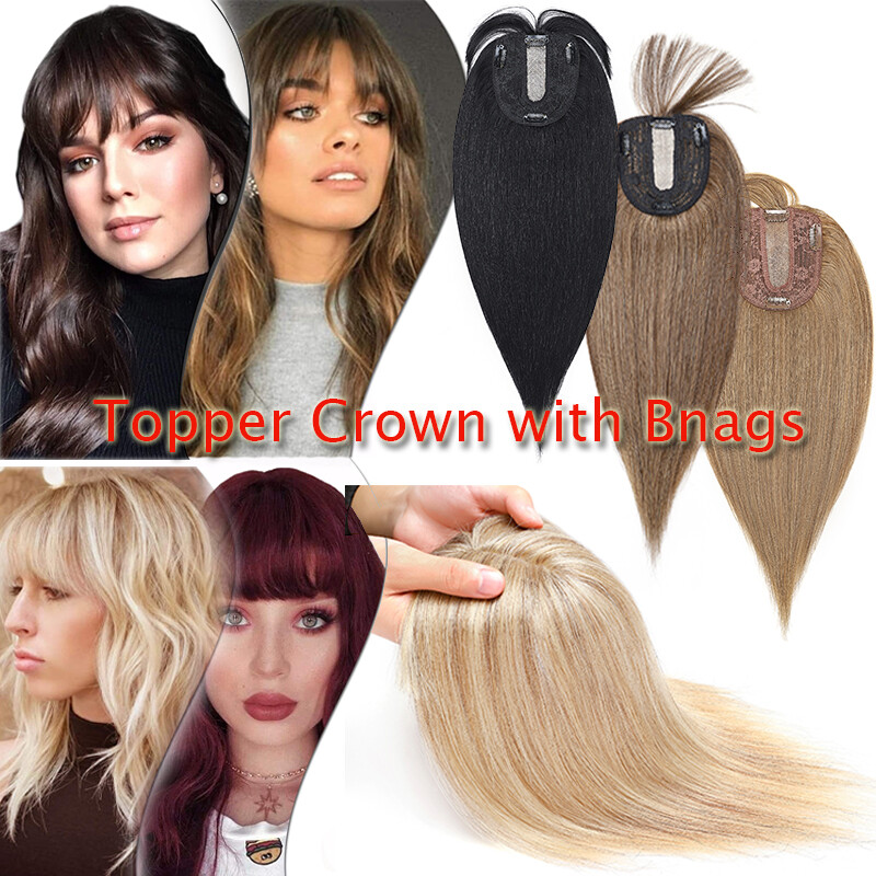Silk Base 100%Remy Human Hair Topper Top Piece Extensions Women Toupee Clip BANG