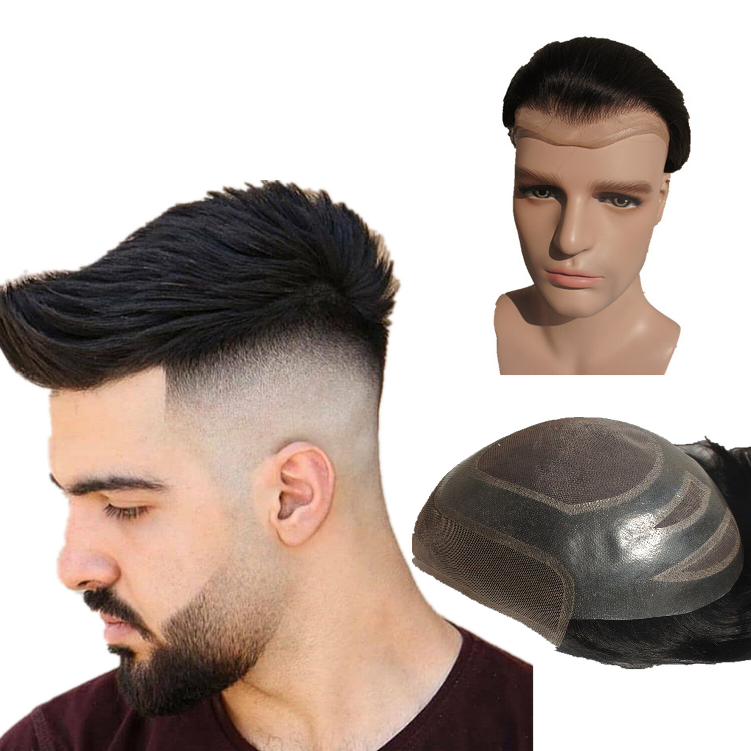 N.L.W Toupee for mens human hair lace with pu hair pieces natural base 10×8″