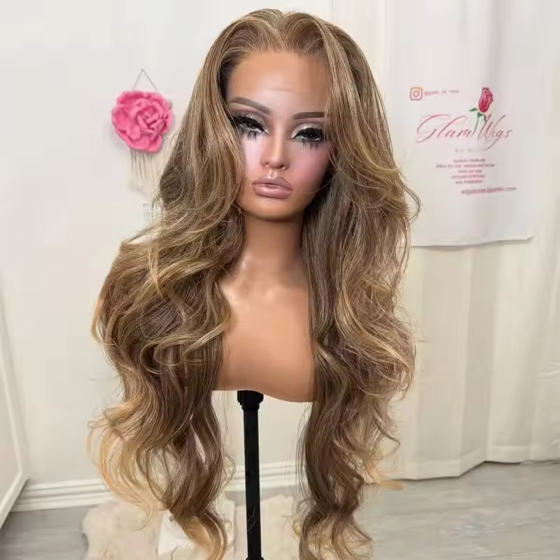 Ombre Caramel Brown Highlights Lace Front 100% Human Hair Wigs 200% Density