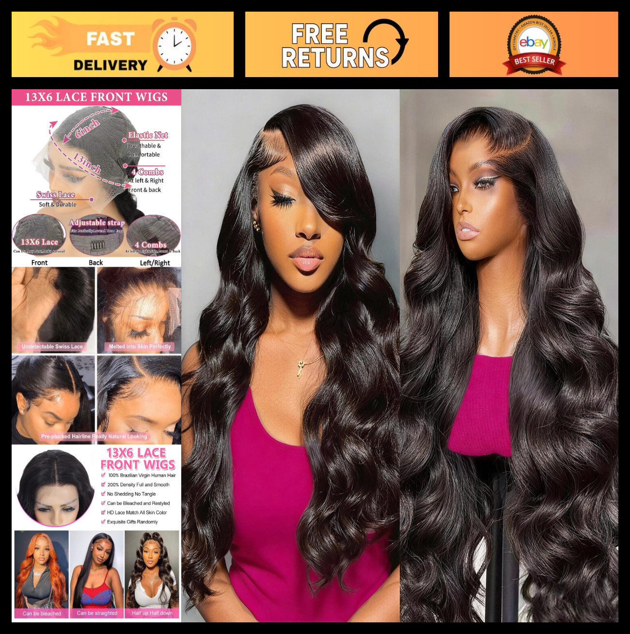 30″ 13×6 Body Wave Lace Front Wig Human Hair 200% Density HD Transparent Pre-Plu