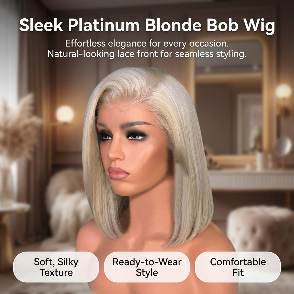 Golden Blonde Short Bob Cut Wig with Middle Part Straight Hair Fashionable Style