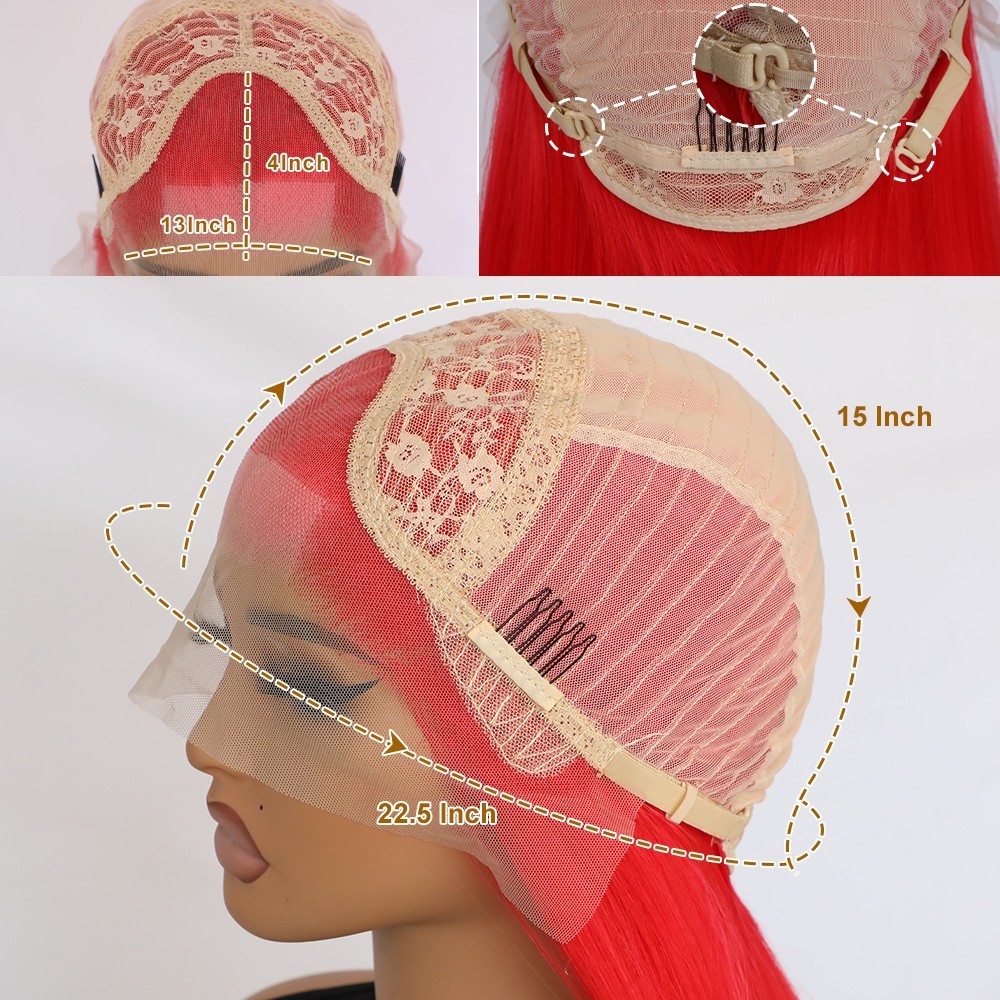 Long Straight Light Pink Highlights Red Color Hair Lace Front Wig Heat Resistant