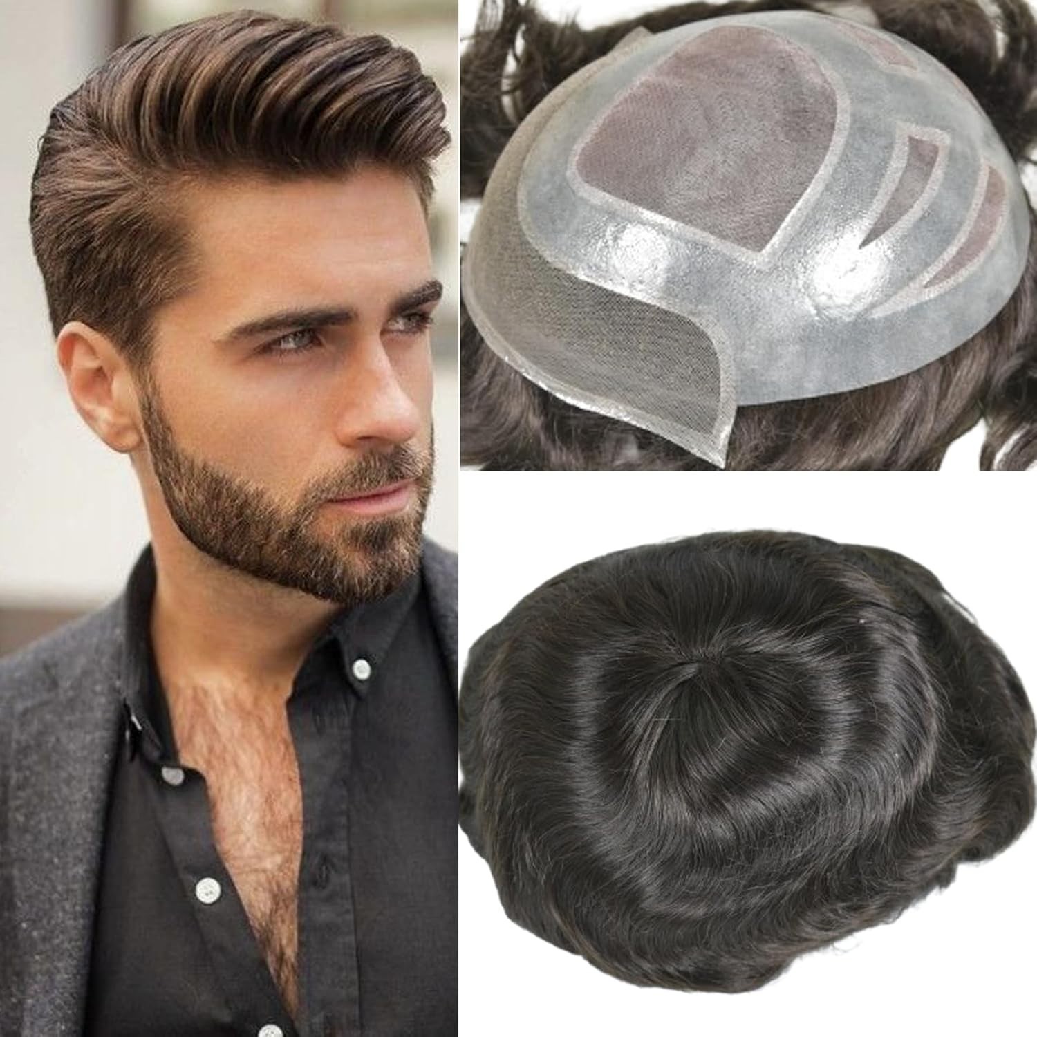 7″ Durable Men’s Human Hair French Lace Front & Skin PU 8×10″ #2 Dark Brown
