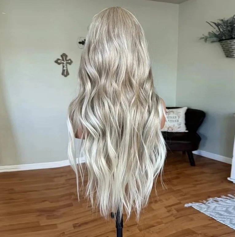 28Inch Platinum Ash Blonde Balayage 13×4 Lace Front Wig 100% Human Hair Wig