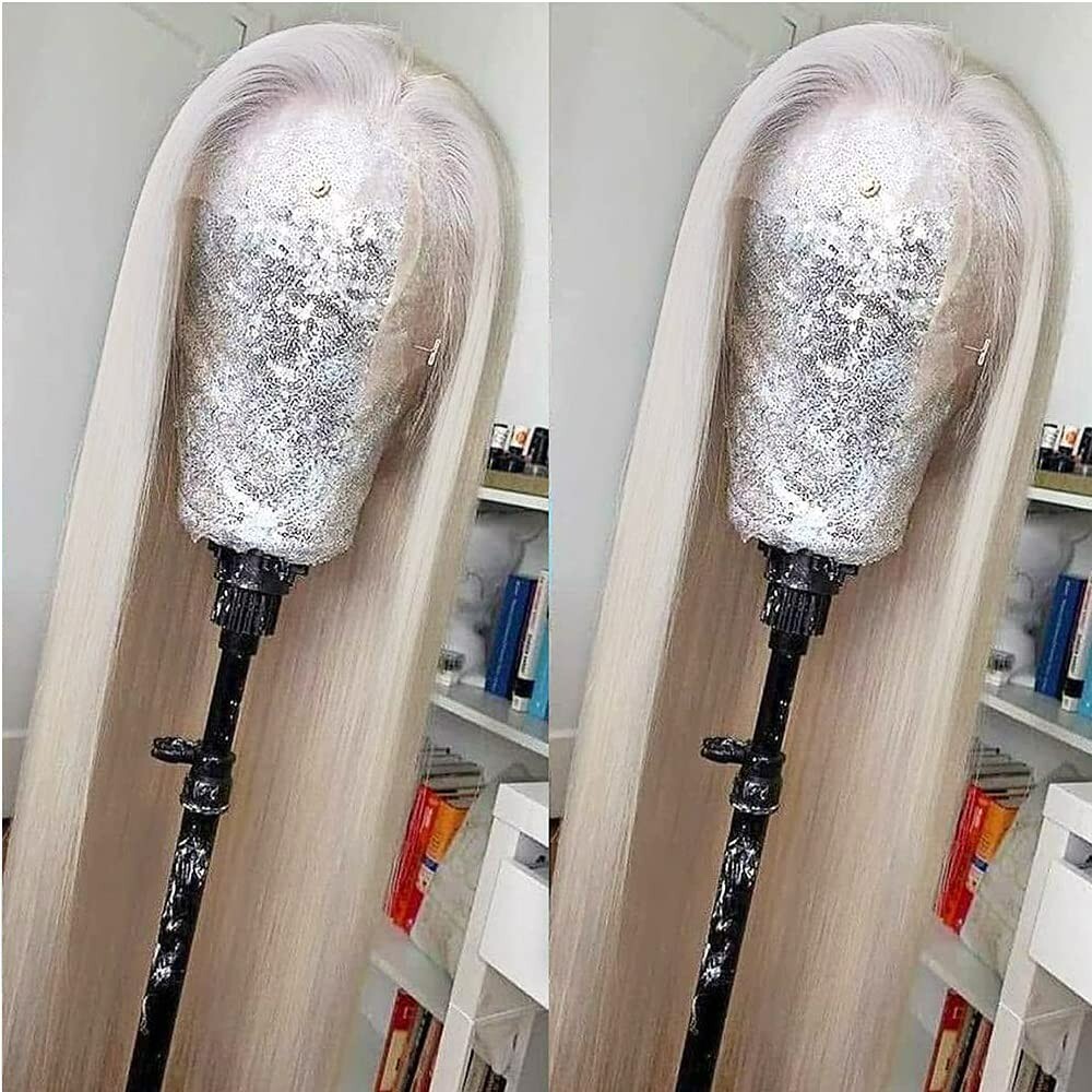 Women Glueless Synthetic Lace Front Wig Straight White Heat Resistant Hair Wigs