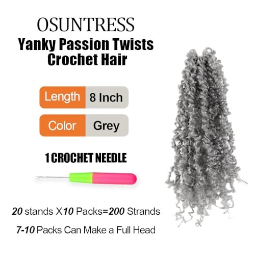 8 inch Yanky Twist Crochet Hair 10 Packs, Pre-looped 8 Inch (Pack of 10) Grey