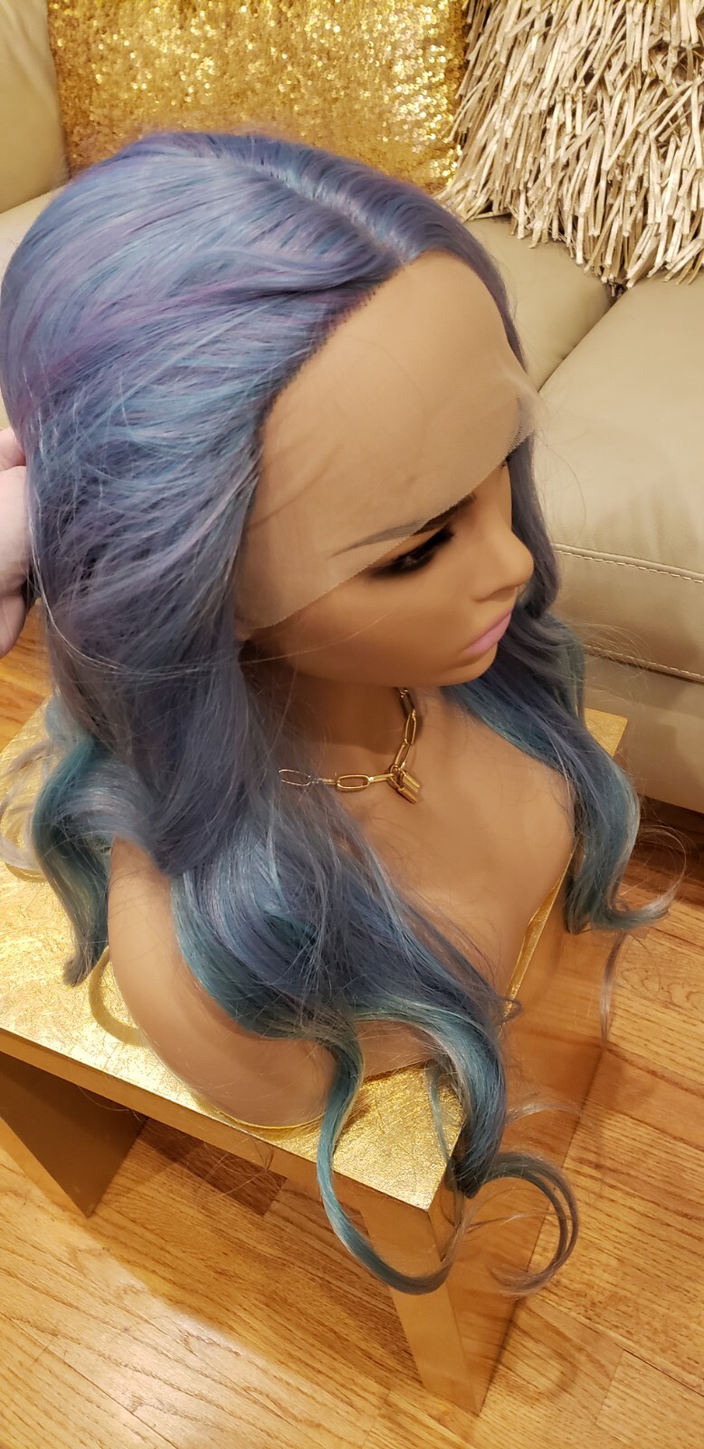 Long Front Lace Wig Human Hair Blend Curly Multicolor Balayage Mermaid Rainbow