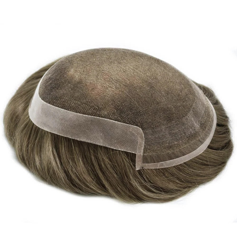French Lace Front Mens Toupee Human Hair Replacement System Poly Skin Hairpiece