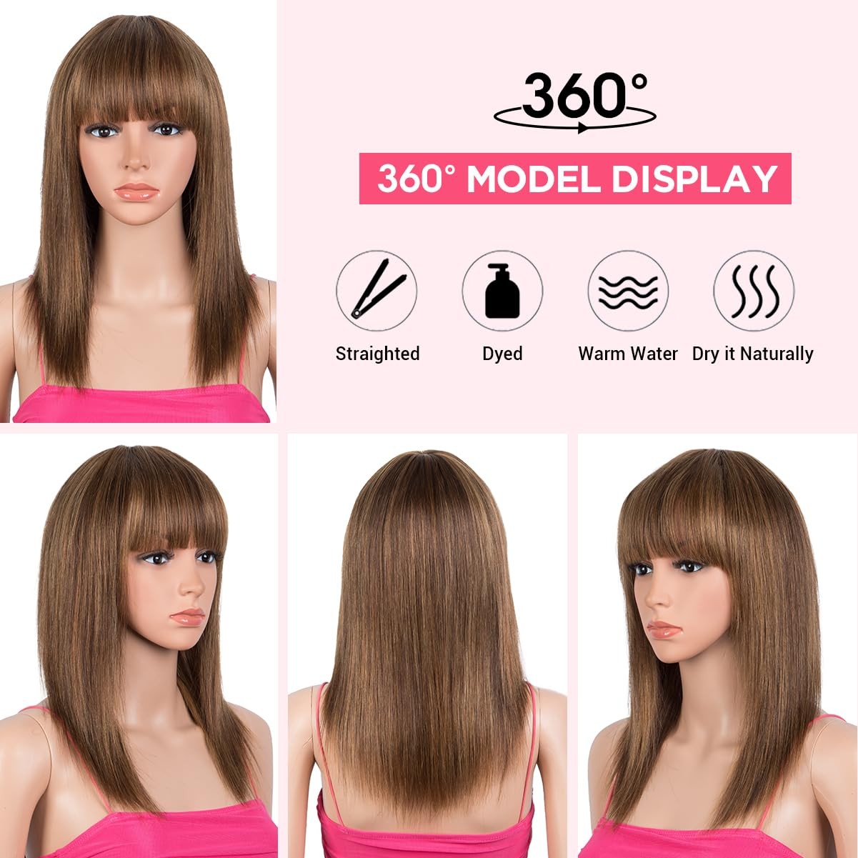 14 Inch Ombre Brown Straight Human Hair Wigs for Black Women Bangs Included