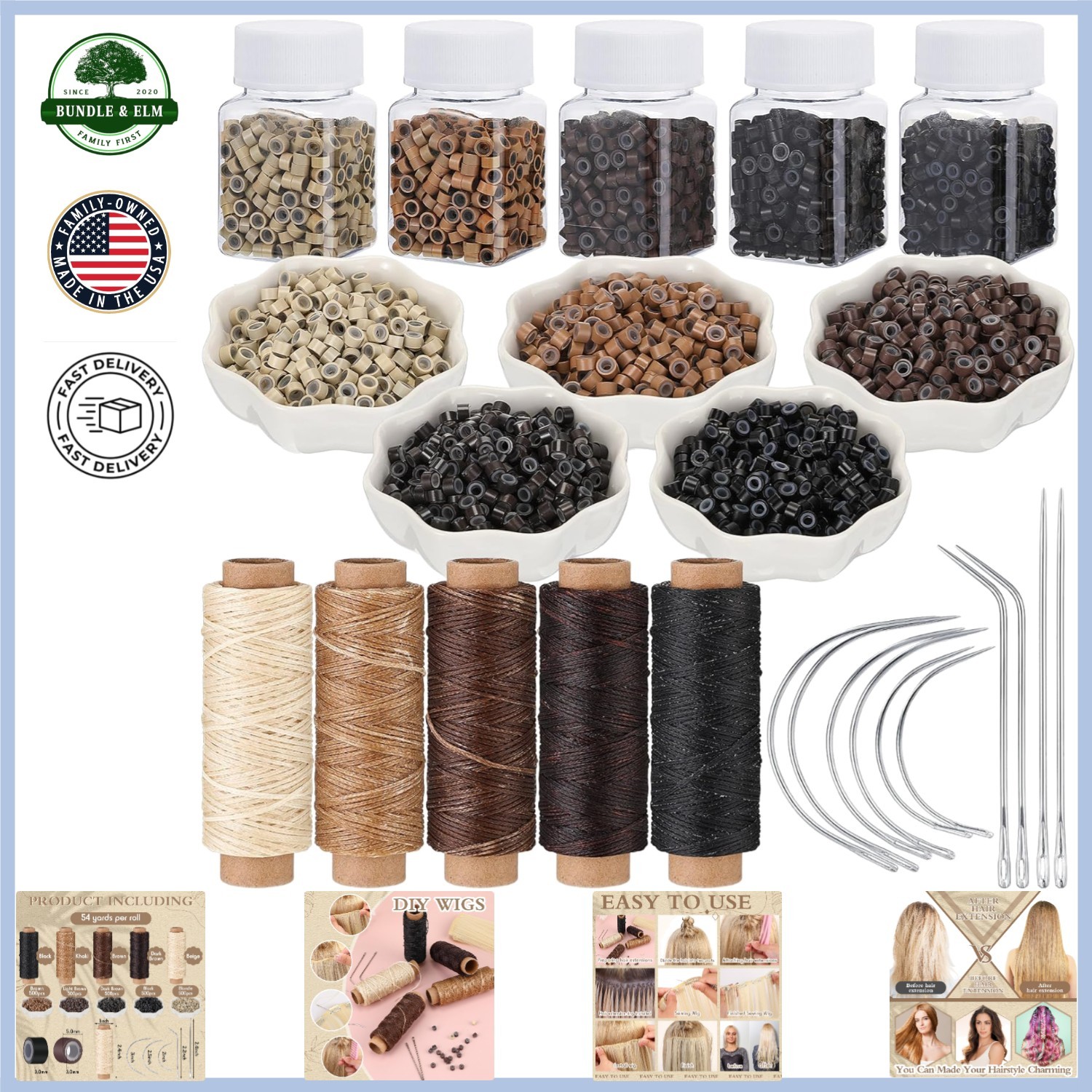 Versatile Hair Extensions Kit with 2500 Beads, Thread Rolls and Needles Included
