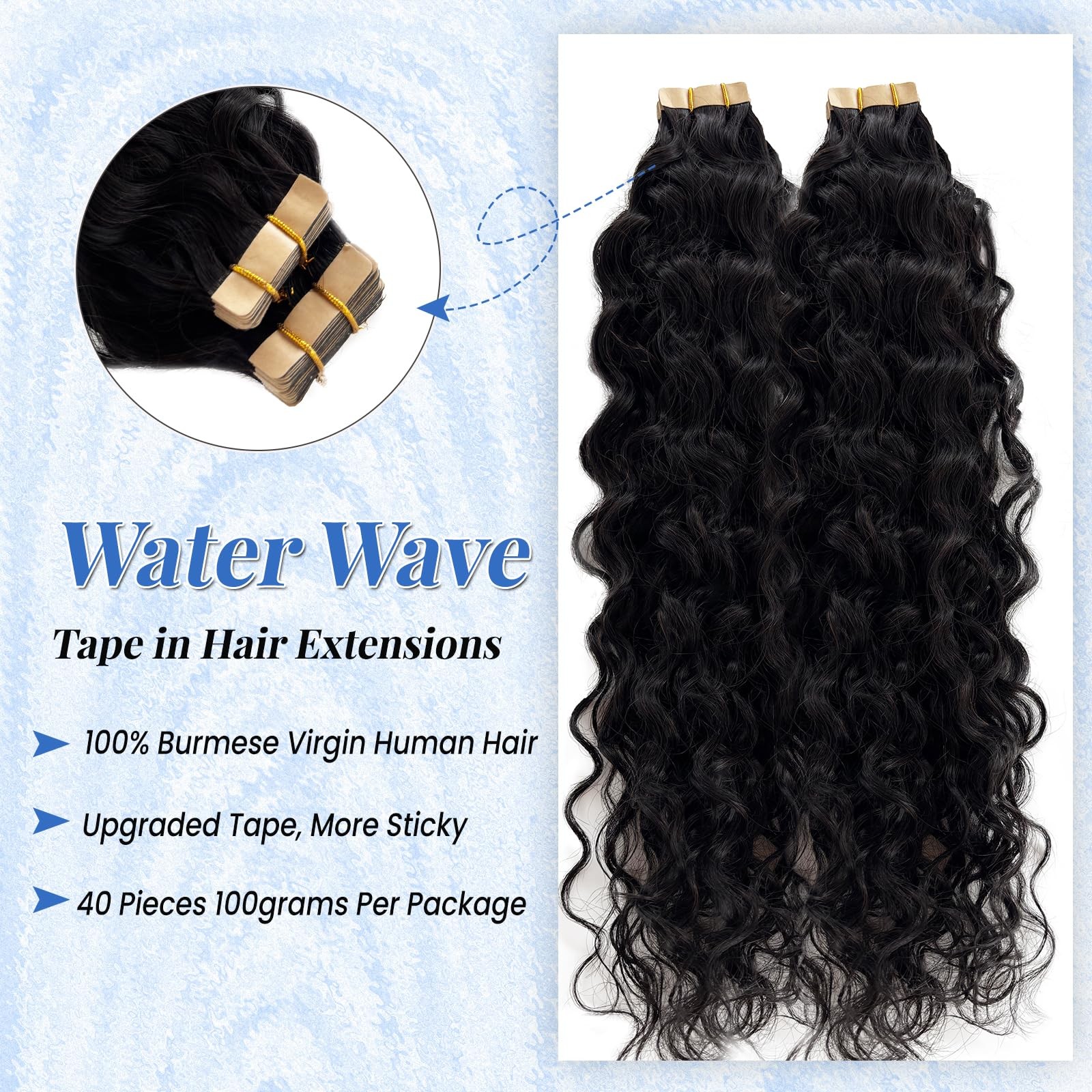 Licoville Water Wave Tape Ins Hair Extensions Human Hair For Black Women 100G
