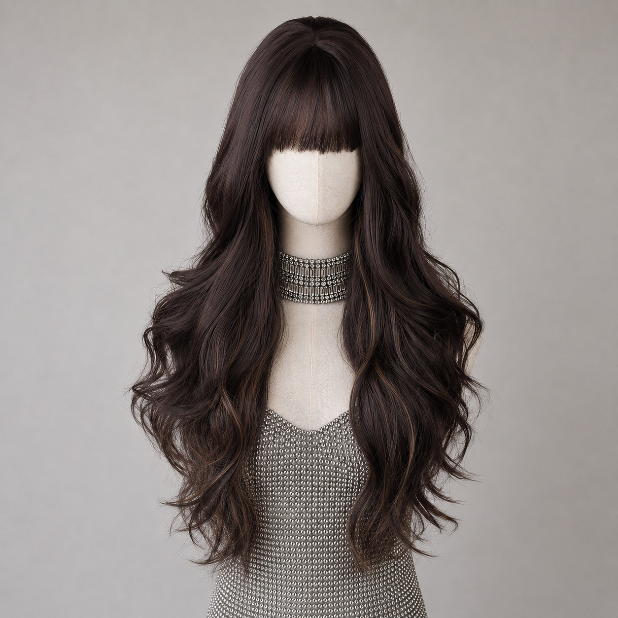Long Wavy Halloween Cosplay Wigs With Fringe Synthetic Hair Mixed Brown Layered
