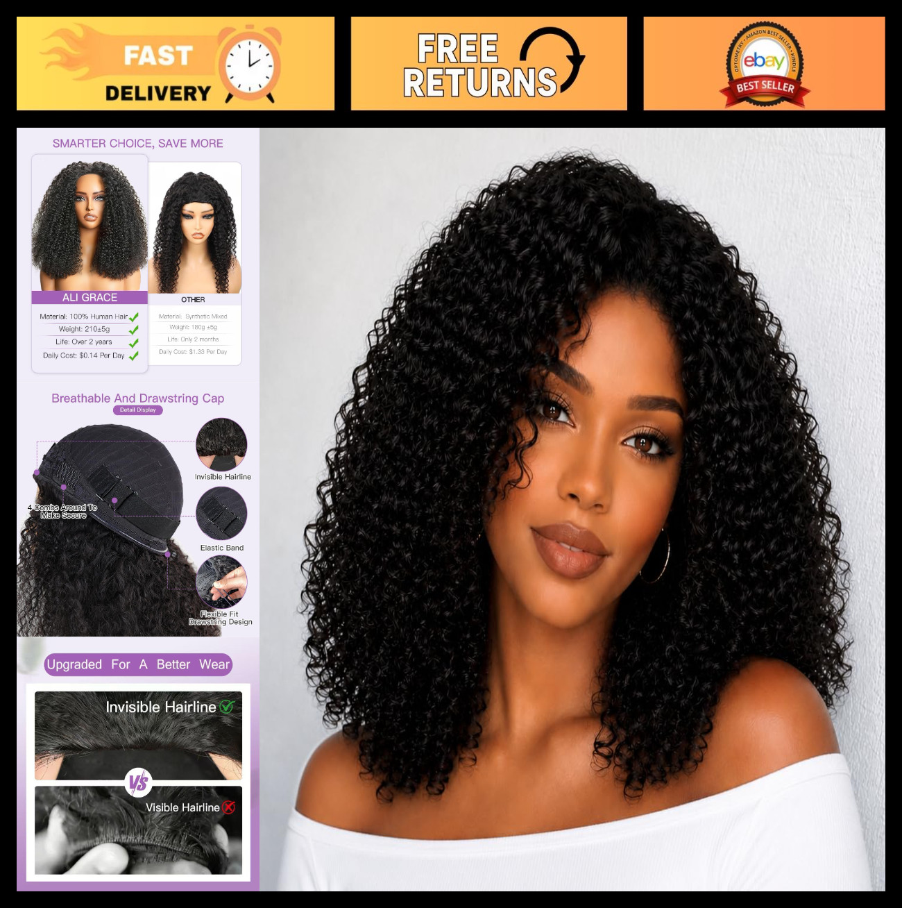 Kinky Curly Half Wig 250% Density Human Hair, Glueless Wear & Go, 20 Inch Flip O
