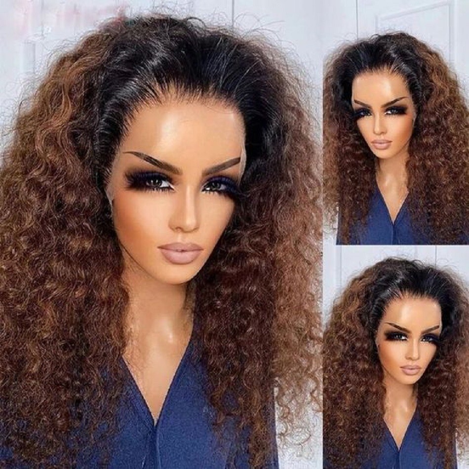 Afro Kinky Curly Ombre Brown 13X6 Lace Front Wig Glueless Brazilian Human Hair