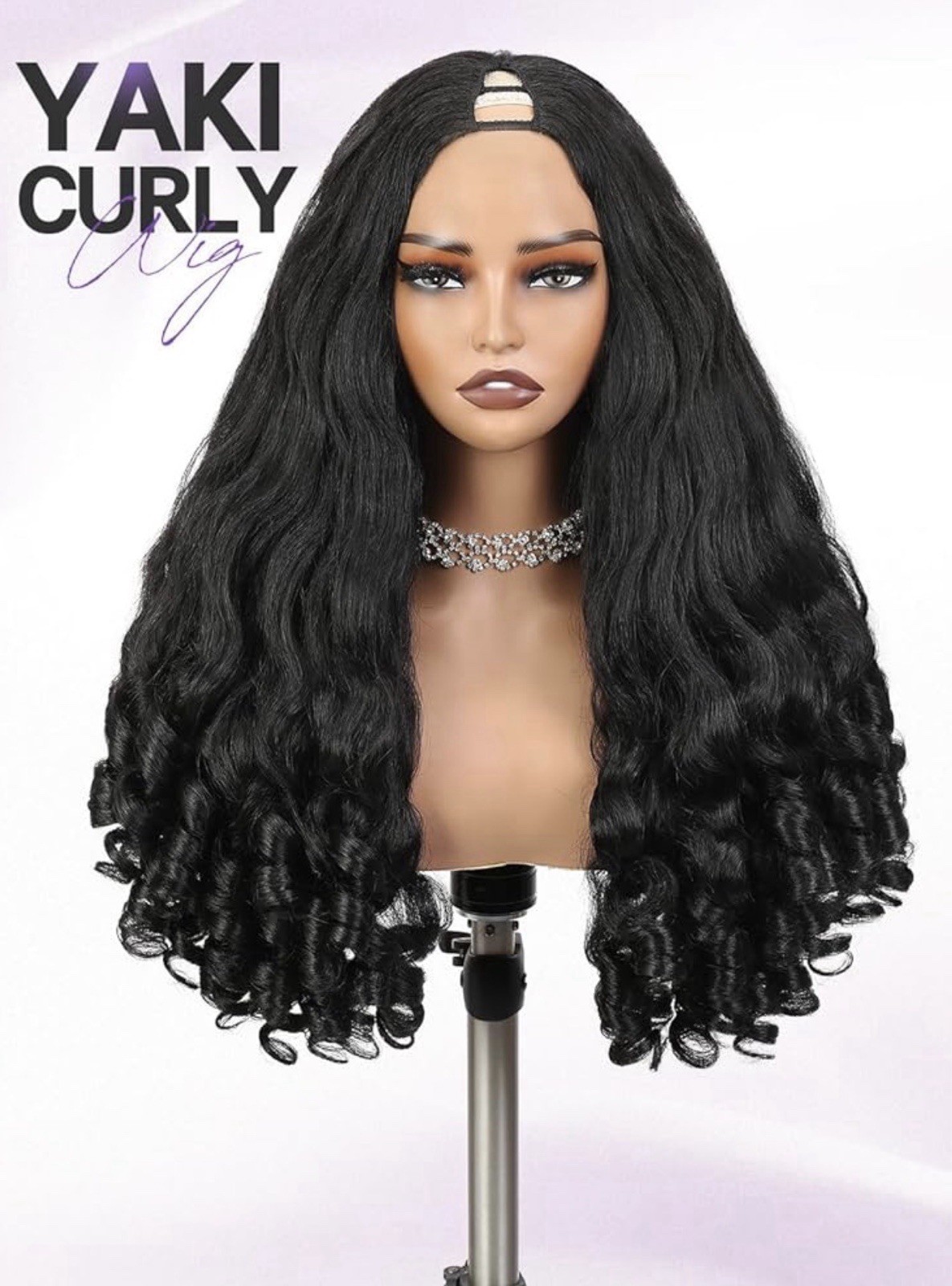V Part Yaki Curly Wig 22 Inch Glueless Synthetic Half Wig for Black Women
