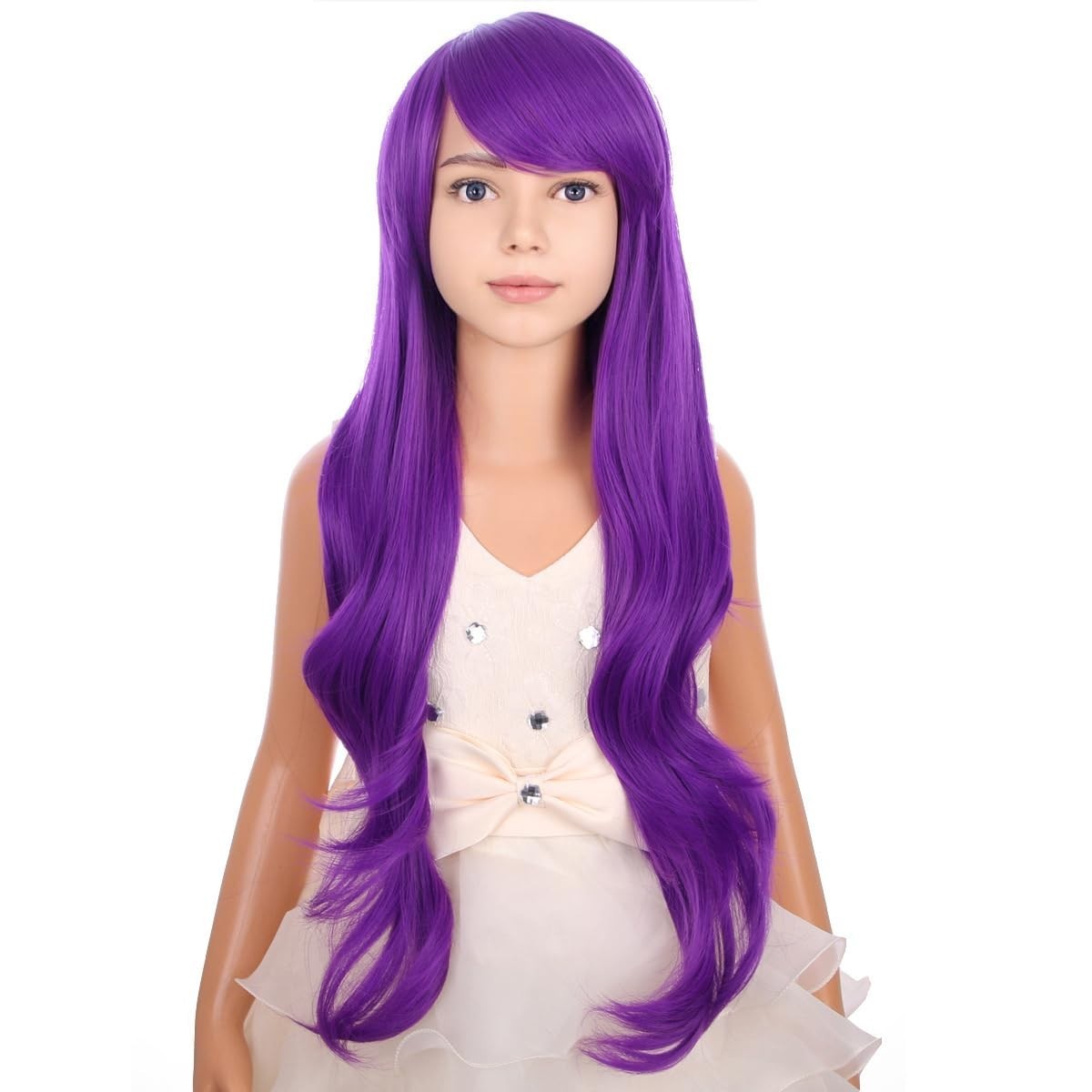 Kids Purple Wig Long Wavy Dark Purple Synthetic Wig with Bangs for Girls
