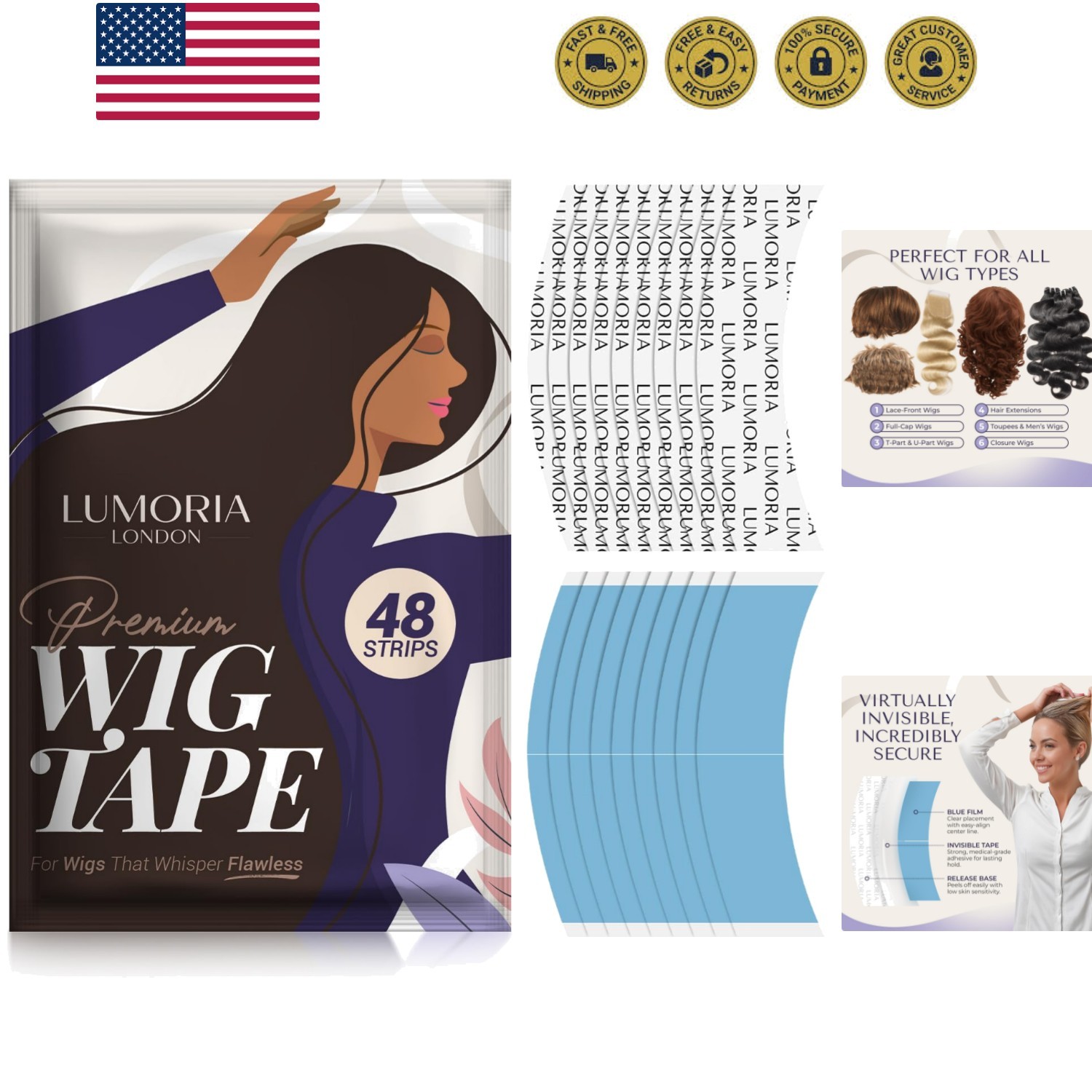 48pcs Wig Tape Double Sided Ultra Hold – Lace Front Tape for Wigs, Toupee Tap…