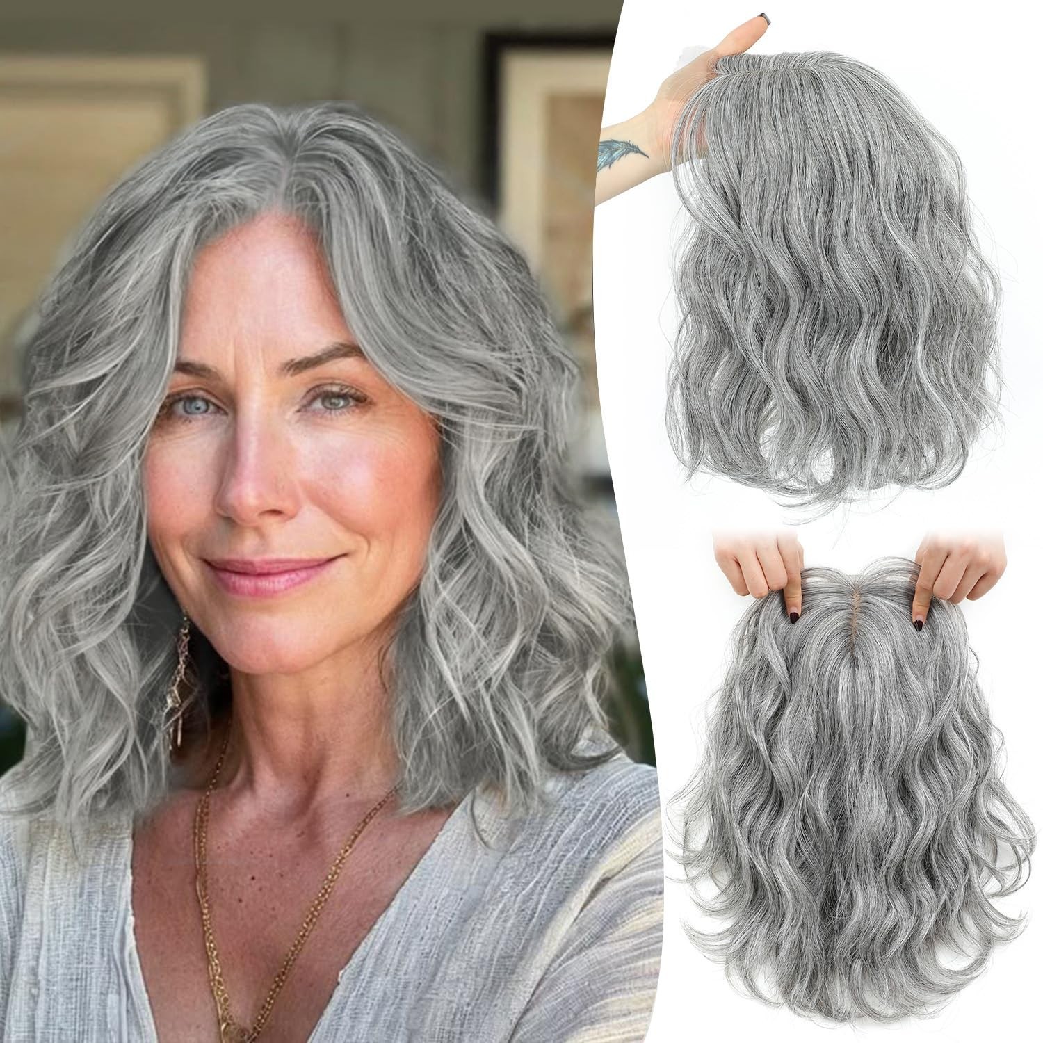 11 Inch Short Wavy Salt and Pepper Hair Topper for Women with Thinning Hair, …