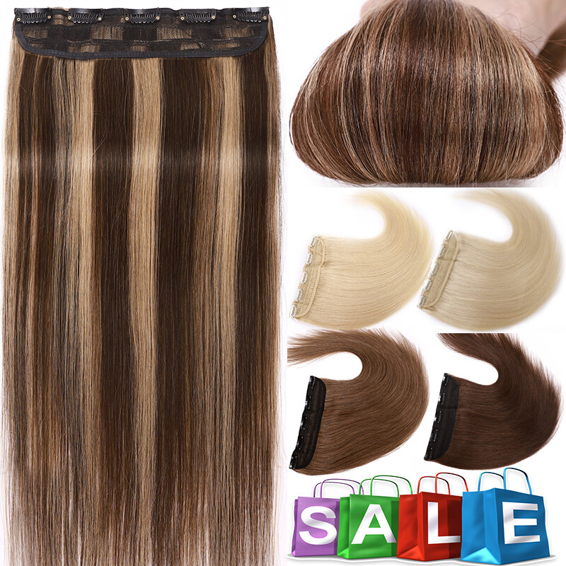 100% Natural Human Hair Extensions Clip In One Piece Balayage Medium Long 5Clips