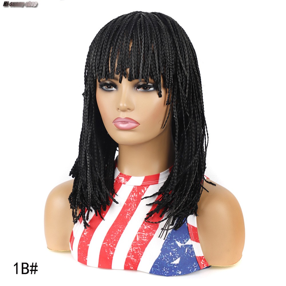 14″ Short BOB Box Braids Wigs for Black Women Synthetic Braiding Wigs Neat Bangs