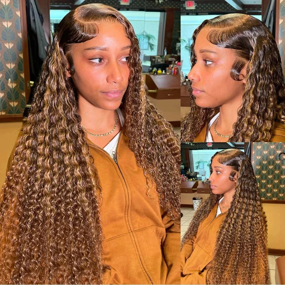 4/27 Highlight Deep Wave Lace Front Human Hair Wig Ombre Transparent Pre Plucked