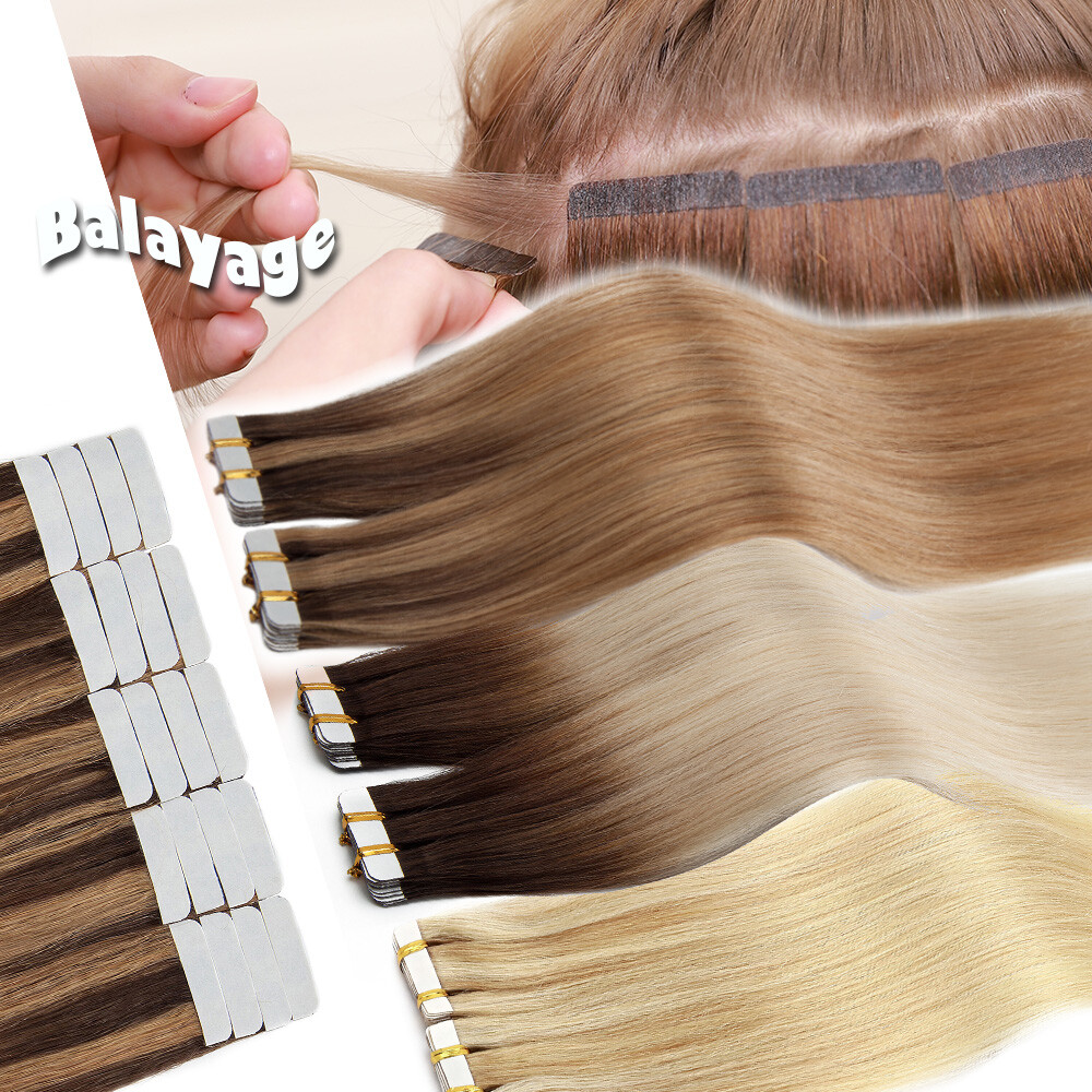 100% Skin Weft Tape In 80pcs Remy Human Hair Extensions Thick Full Head Balayage