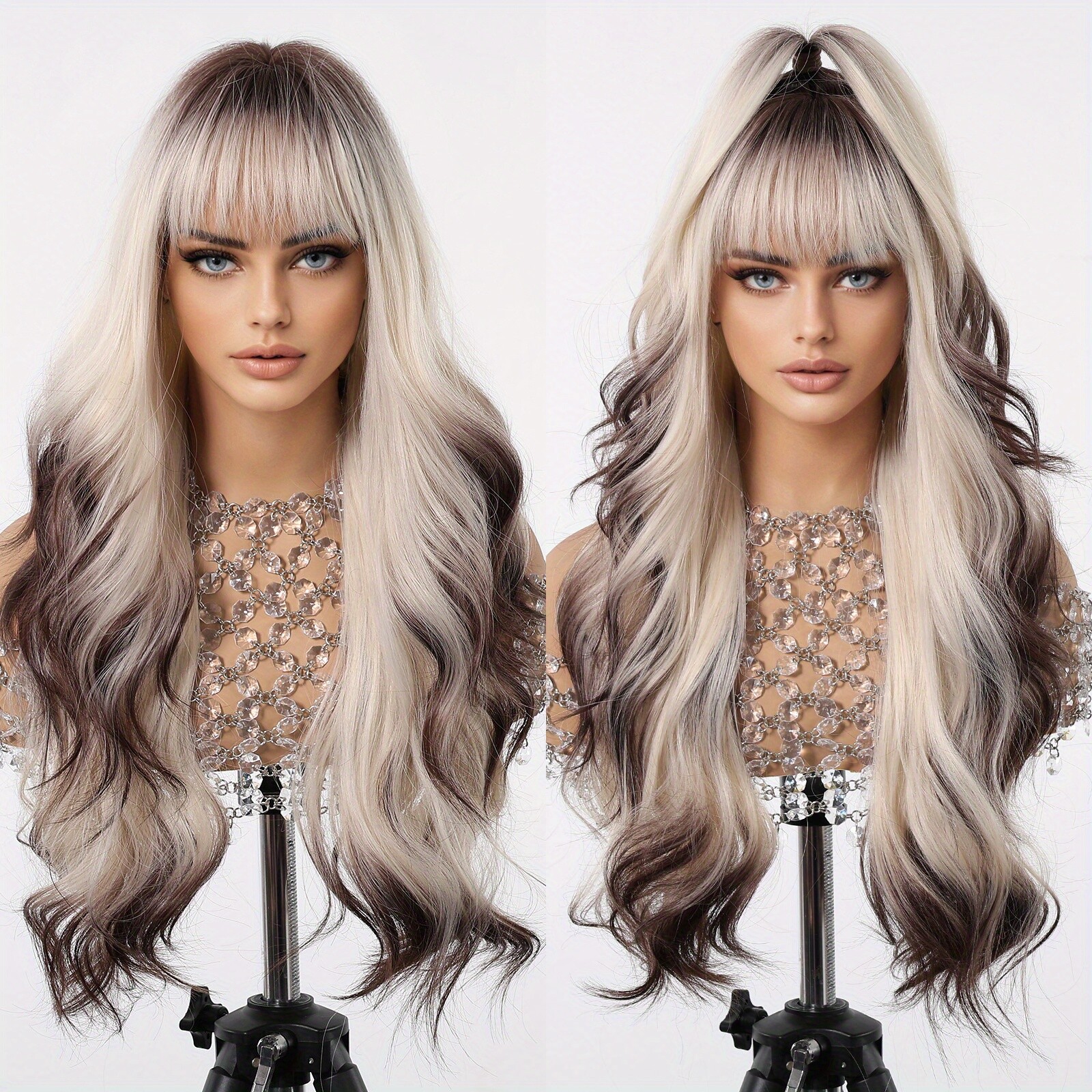 28 Inch Gradient Brown Wig with Bangs Women’s Blonde Mixed Brown Wig