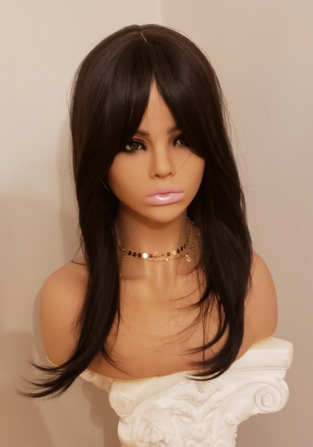 Long Straight Layered Bangs Black Human Hair Blend Full Wig Rainbow