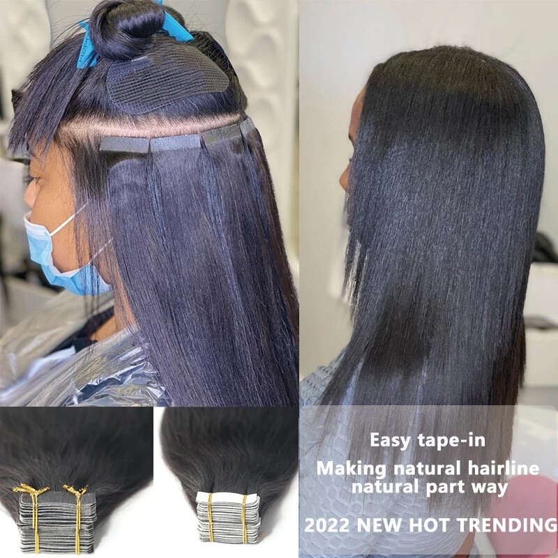 Light Yaki Straight Tape In Human Hair Extension Brazilian Skin Weft Hair 40Pcs