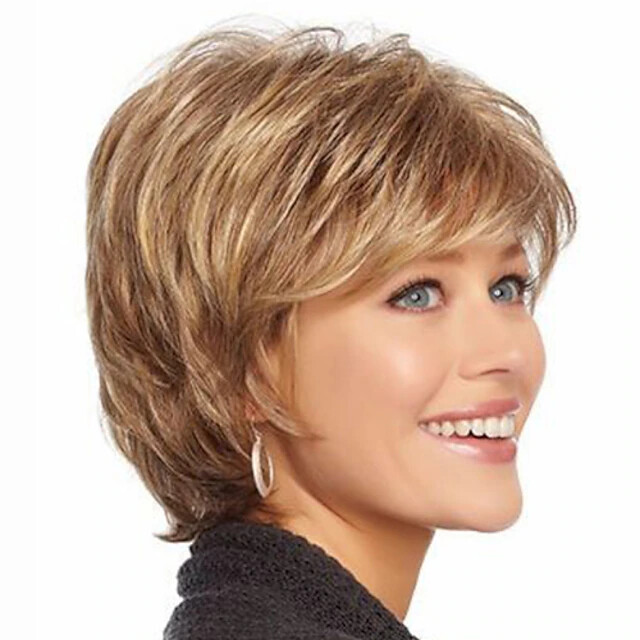 Synthetic Wig Wavy With Bangs Machine Made Wig Blonde Short Strawberry Blonde#27