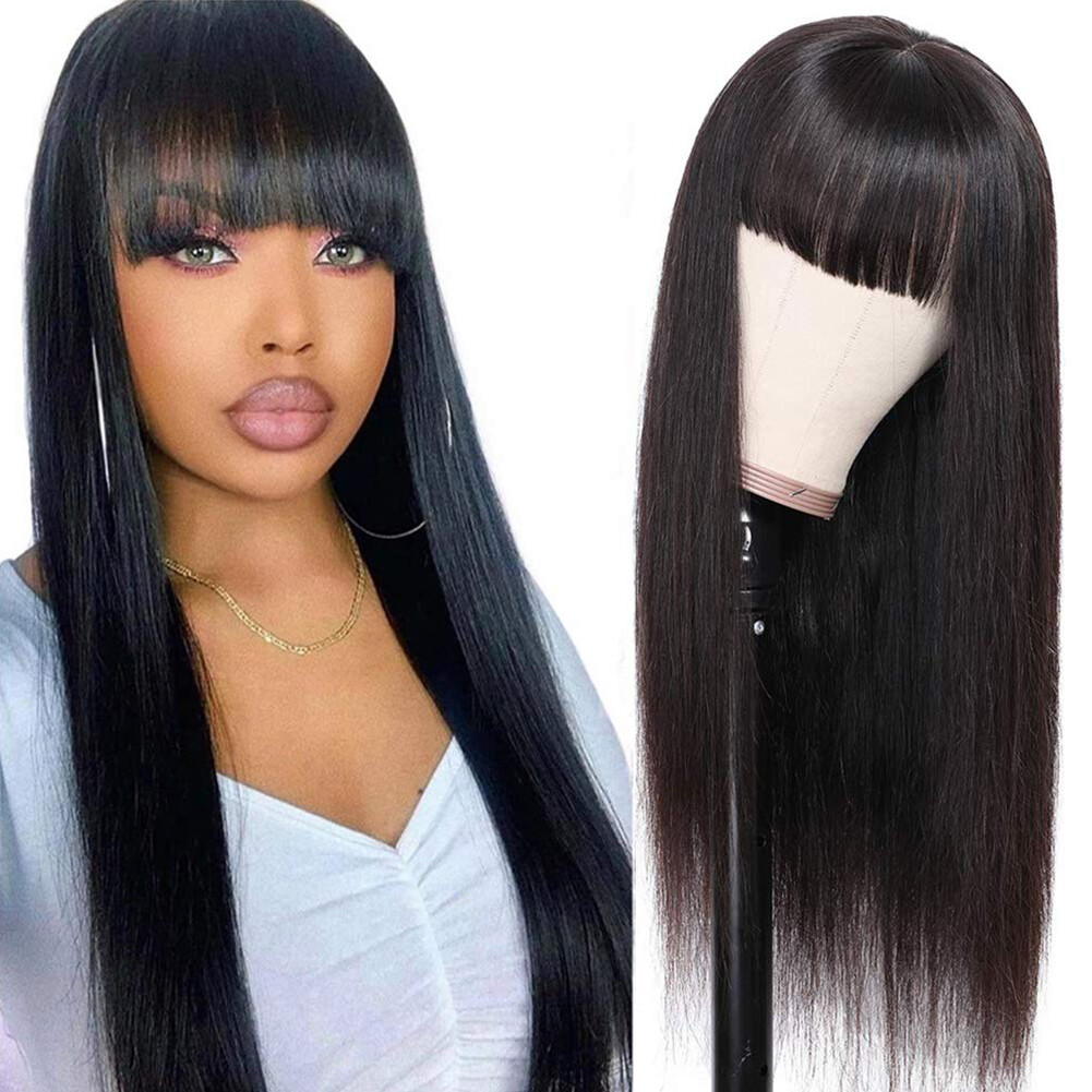 Women Full Neat Bangs Synthetic No Lace Wig Long Straight Heat Resistant Natural