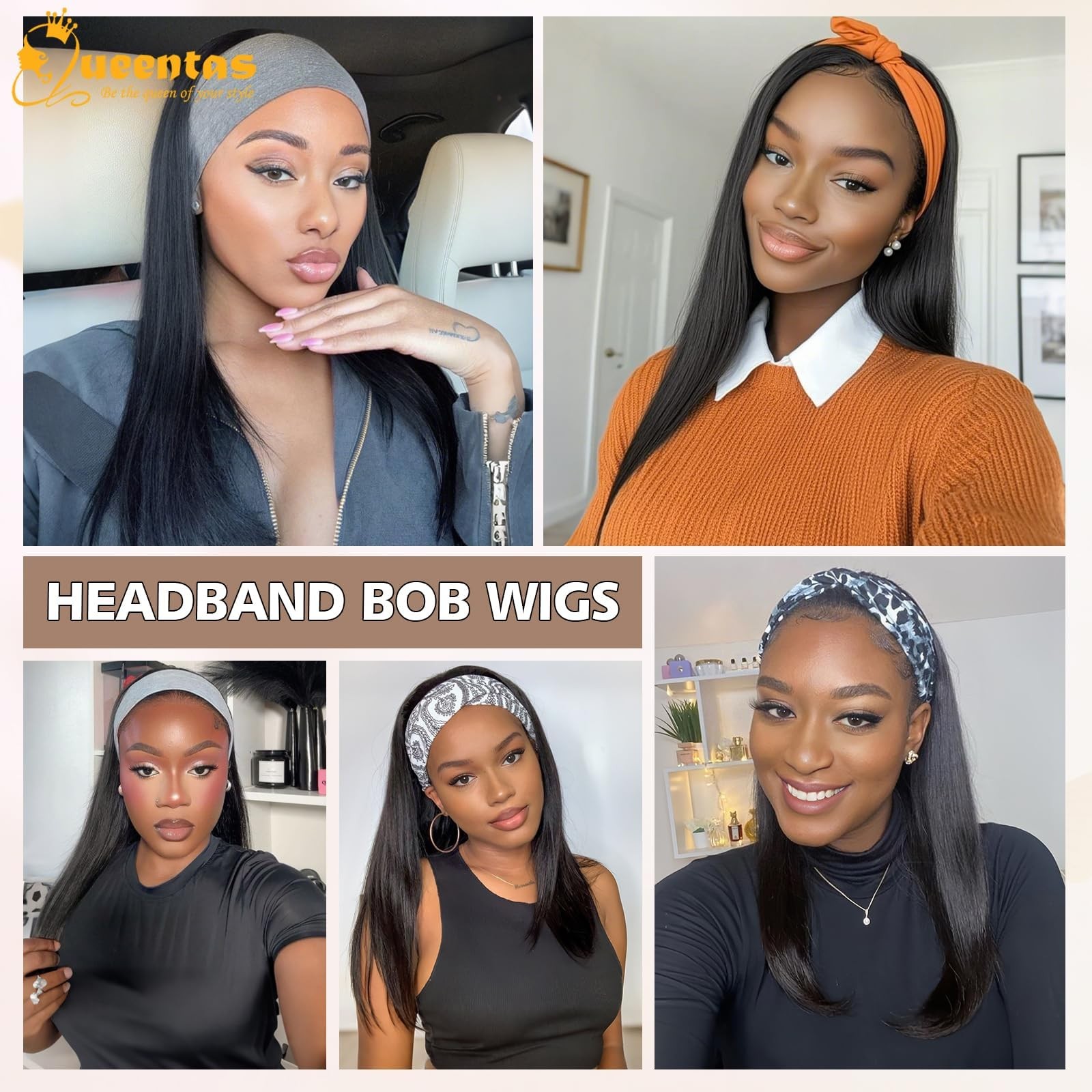 Queentas 16 Inch Straight Headband Wig For Black Women Glueless Wear And Go