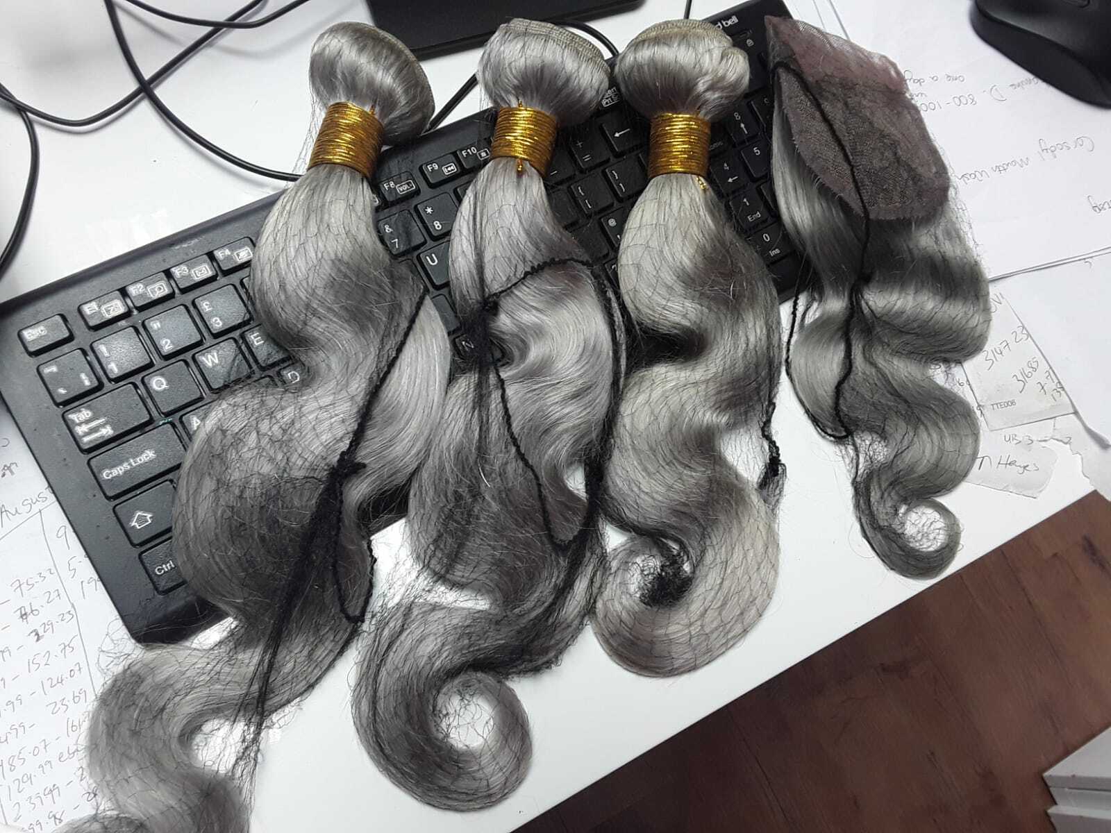 12A PURE GREY BRAZILIAN VIRGIN HUMAN HAIR BODY WAVE BUNDLES 16+18+20&14 CLOSURE