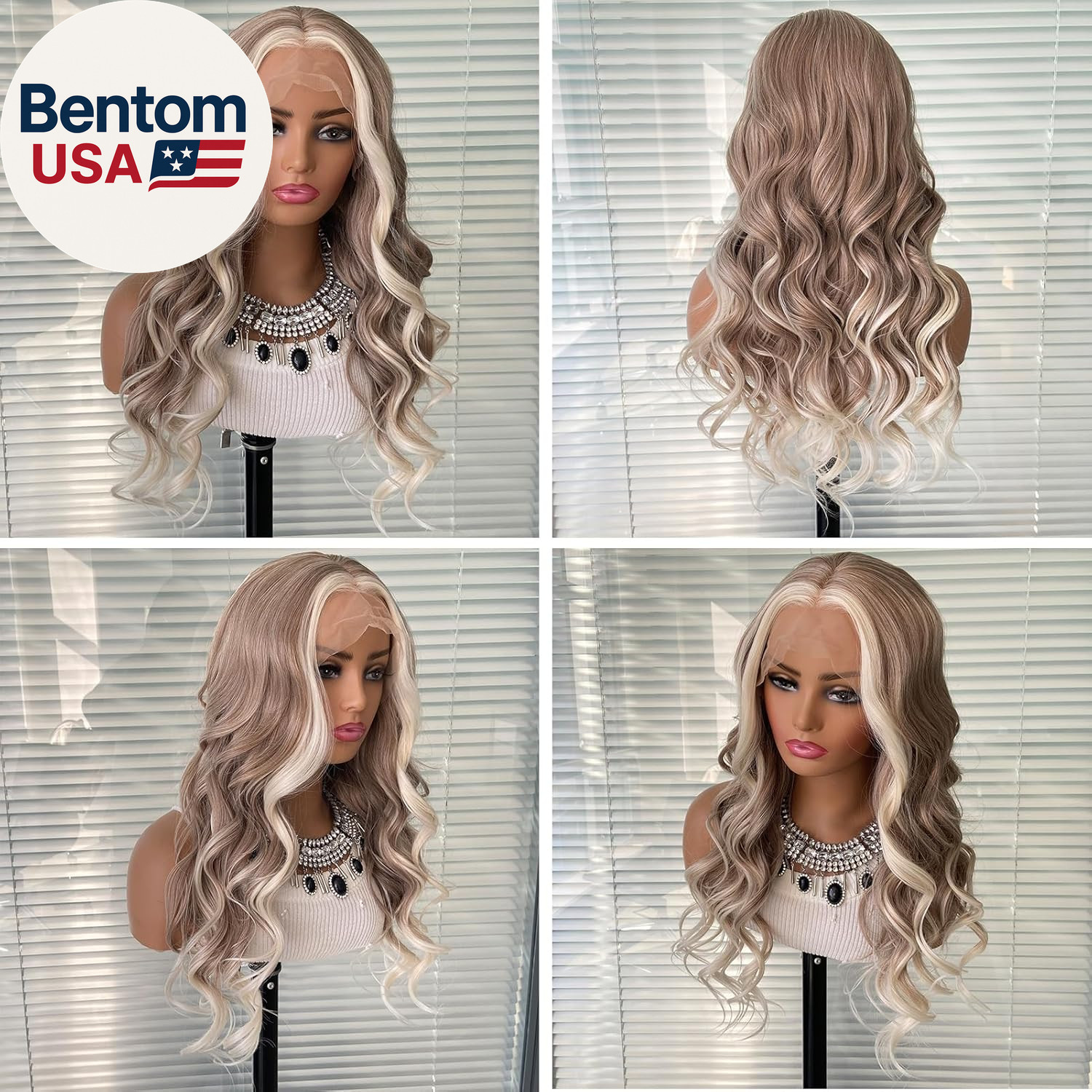Beige Brown Ombre Platinum Blonde Long Wavy Synthetic Lace Front Wig Pre Plucked