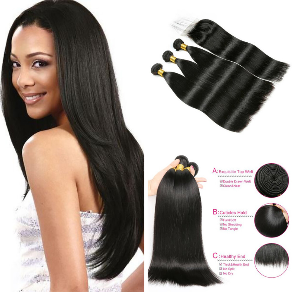 100% Human Hair Black color 1B Straight 3 Bundles with Closure