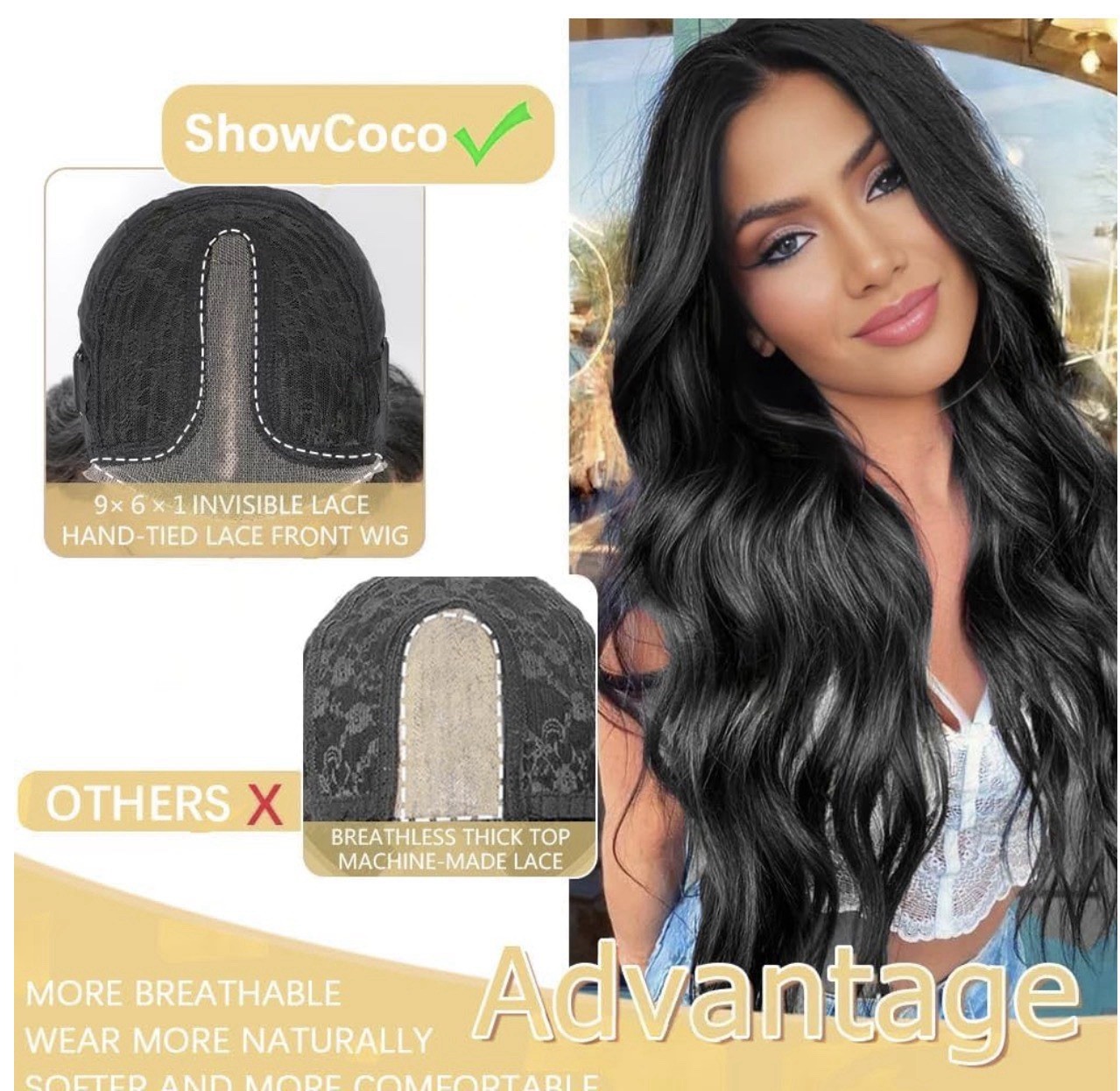 ShowCoco Lace Front Glueless Body Wave Black Wavy Heat-Resistant Wig Women