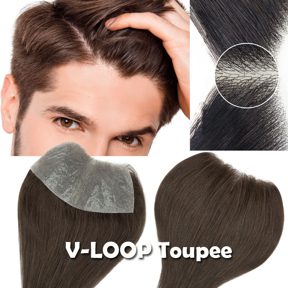 Super Thin Skin PU Mens Toupee Hairpiece Remy Human Hair Replacement V-LOOP Wigs