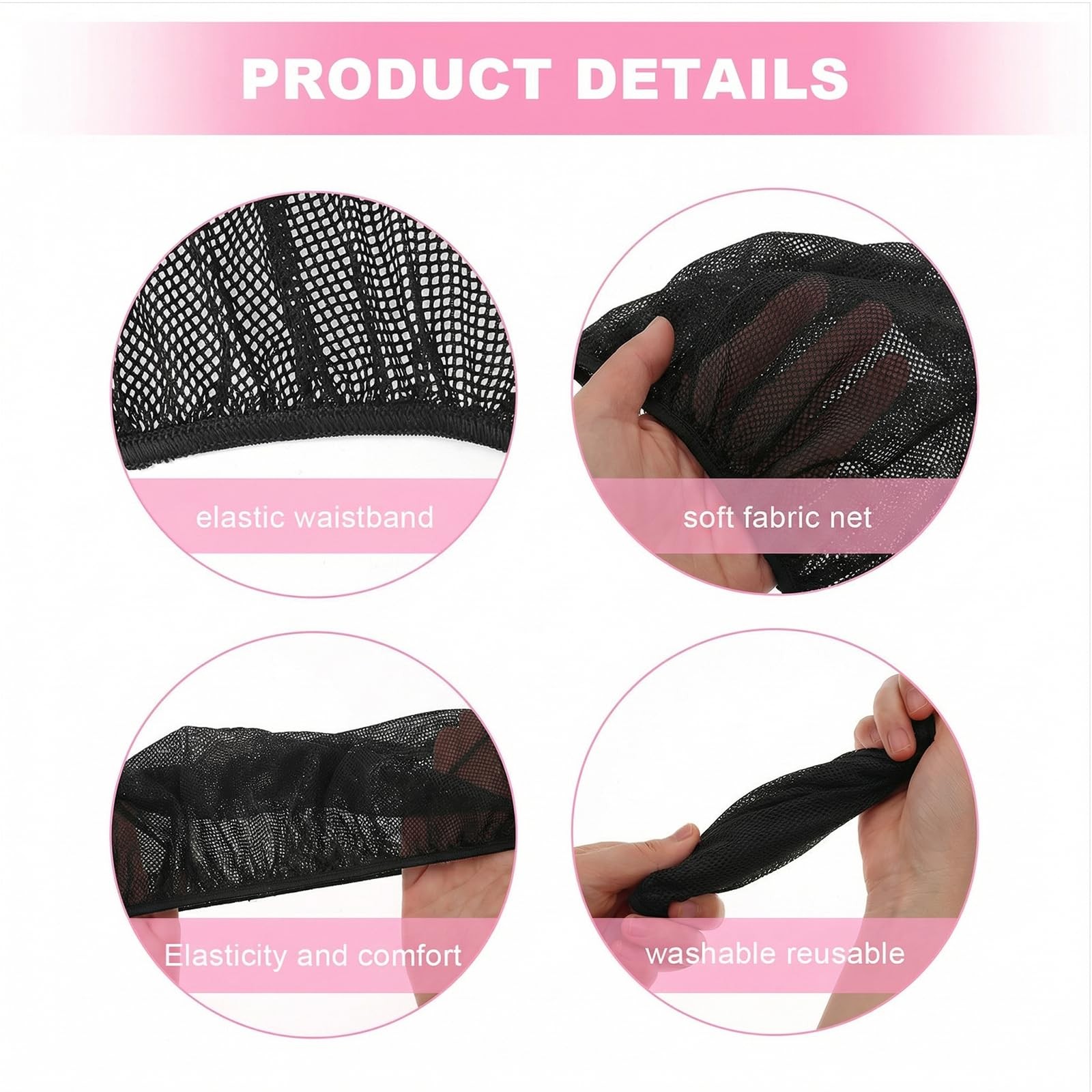 4 Pack Mesh Sleep Bonnets Night Cap Hair Net Wig Caps Women Pink Black