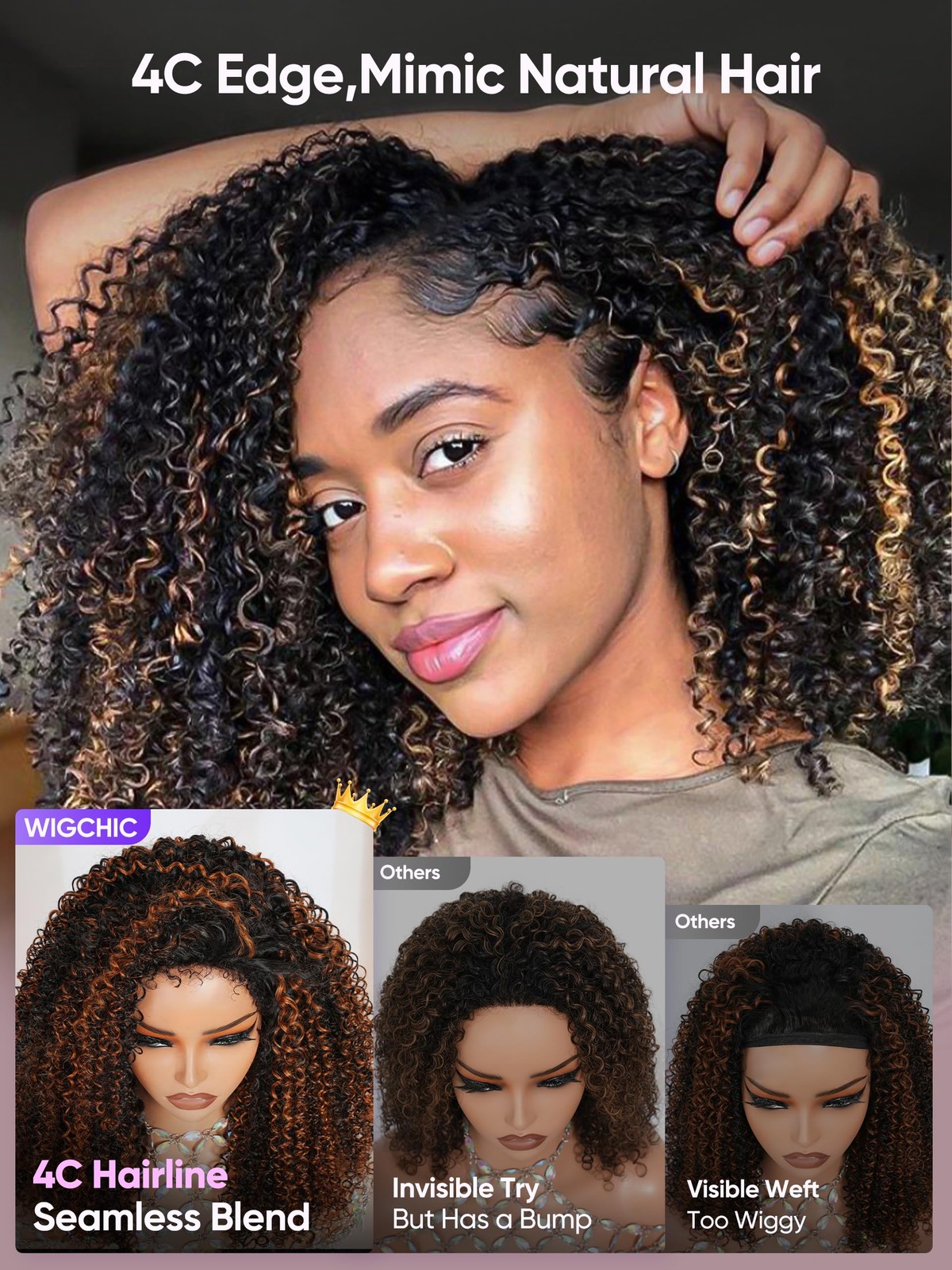 Wigchic 12 Kinky Curly Half Wig Human Hair Drawstring Fb/30 Balayage Highlight